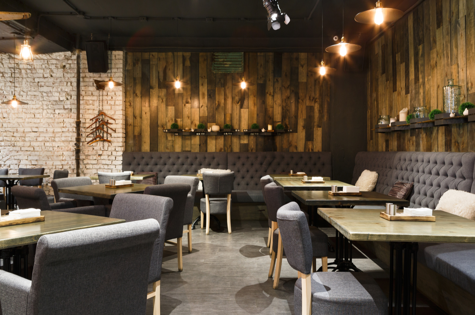 Cozy wooden interior of restaurant